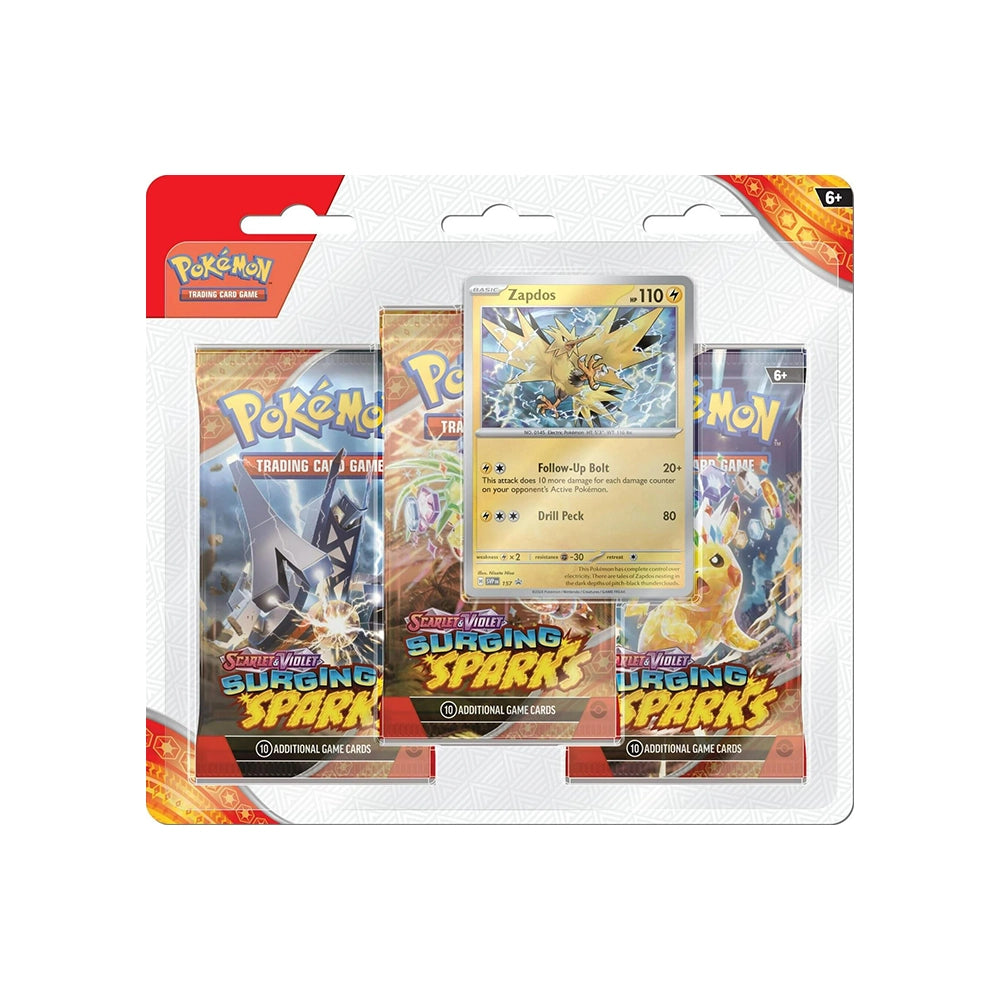 Pokémon TCG Surging Sparks 3-Pack Blister – Zapdos Promo – English