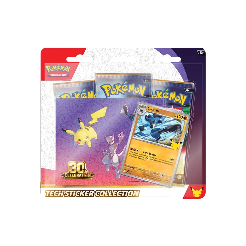 Pokémon TCG 30th Celebration Tech Sticker Collection – Lucario Promo – 3 Booster Packs – English – Pre-Order