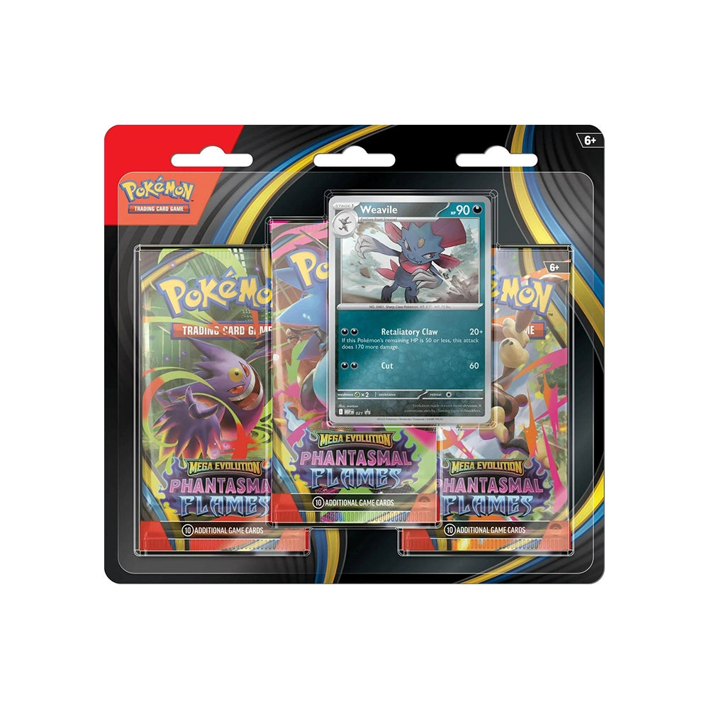 Pokémon TCG Mega Evolution Phantasmal Flames 3-Pack Blister – Weavile Promo – English