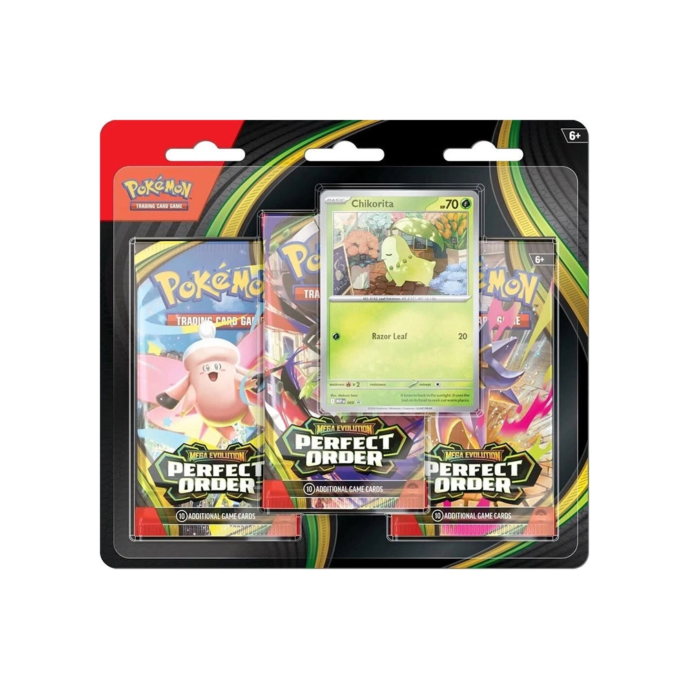 Pokémon TCG Mega Evolution Perfect Order 3-Pack Blister – Chikorita Promo – English